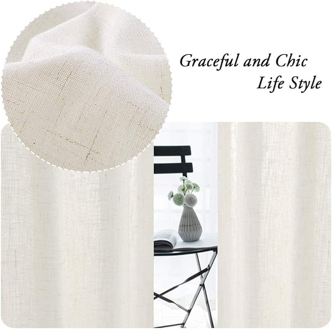 PrinceDeco Linen Curtains 63 inches Long for Bedroom Rod Pocket Curtains Modern Farmhouse Coastal Decor Elegant & Casual Curtains for Dining Room Office, 2 Panel Set,Ivory