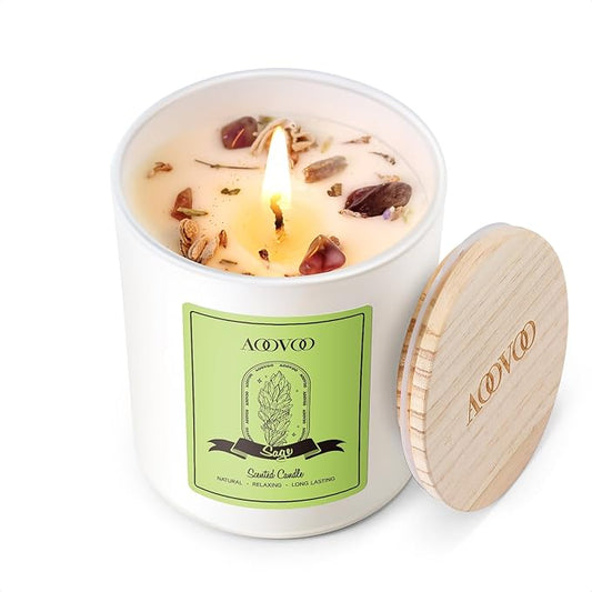 AOOVOO Sage Scented Candles for Women - Aromatherapy Candle with Crystals Inside, 7oz Soy Candles for Home Scented, Christmas Birthday Gifts Mothers Day Candle for Women Mom