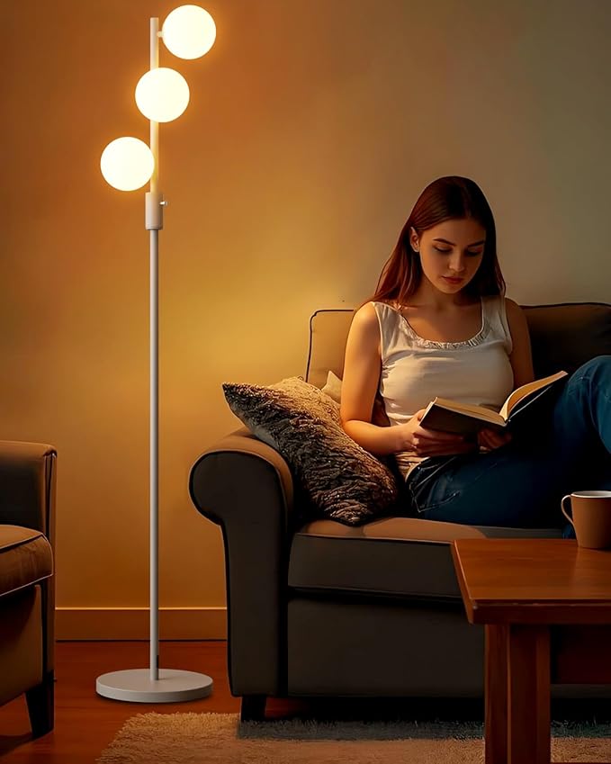 64IN Dimmable White Floor Lamp, Tall Standing Lamps with 3 Globe Soft Warm White Eye Care 3000K G9 Bulbs, Mid Century Modern Floor Lamp for Bedroom Office