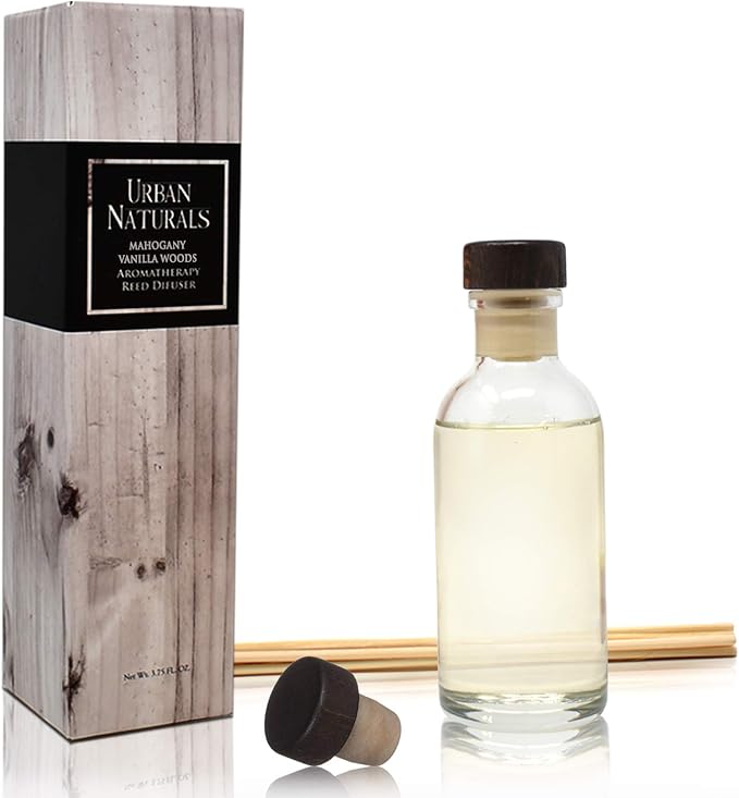 Urban Naturals Mahogany Vanilla Woods Reed Diffuser Set – Made with Essential Oils & Real Botanicals – Decorative Air Freshener and Beautiful Home Décor – Made in The USA