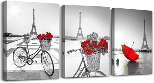 red Flowers 3 Piece Canvas Print Wall Art for Living Room Bathroom Decorations Bedroom Wall decor modern Eiffel Tower umbrella Office Home Decoration wall paintings Black and white bicycle landscape