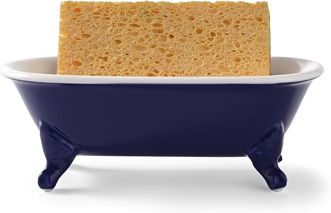 6.5" Ceramic Mini Decorative Clawfoot Bathtub Bar Soap Dish, Kitchen Sponge Holder and Shower Tray for Bathroom, 1 Pack(Navy Blue)
