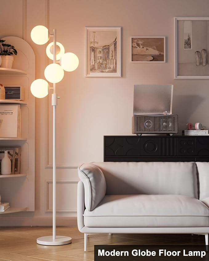 64IN Dimmable White Floor Lamp, Tall Standing Lamps with 5 Globe Soft Warm White Eye Care 3000K G9 Bulbs, Mid Century Modern Floor Lamp for Living Room Bedroom Office