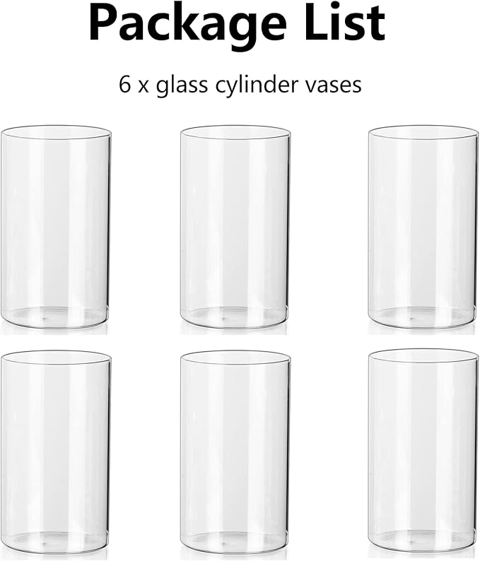 Hewory Glass Cylinder Vases Set of 6, Hurricane Candle Holders for Pillar or Floating Candles, Tall Clear Vase for Centerpieces, Round Vases for Wedding Anniversary Events Home Table Decor, 5.9in