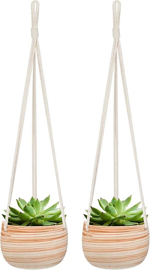 Mkono Ceramic Hanging Planter Macrame Plant Holder 5 Inch Cute Succulent Cactus Pot with Cotton Rope Hanger for Indoor Outdoor Decor, 2 Pack