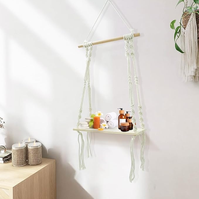 Floating Shelves, Macrame Wall Hanging Boho Decor Wall Shelf Wood Storage Shelves Plant for Wall Decor Hanging Shelf for Bedroom Bathroom Living Room