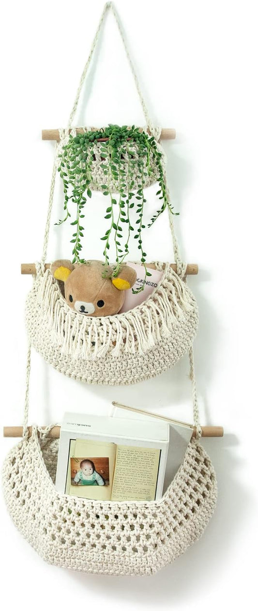 Hanging Fruit Basket,3 Tier Over The Door Organizer, Handmade Woven Cotton Rope Wall Hanging Baskets for Organizing, Boho Wall Basket Decor, Storage Baskets for Kitchen
