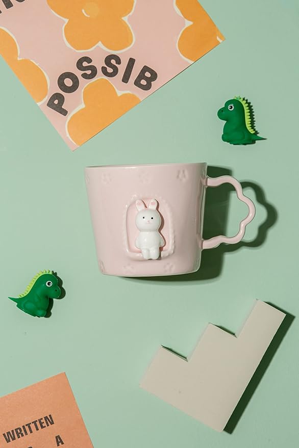 DIHOclub Rabbit Ceramic Cup Window Animals Mug Cute Cartoon Handmade Figurine Mugs,Holiday and Birthday Gift for Daughter,Son,Kids,9 OZ (Pink)