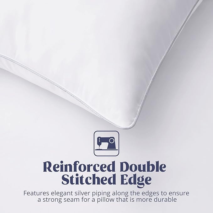 puredown® Goose Feather Bed Pillow with 100% Cotton Cover, 1 Pack, Queen Size Hotel Collection Pillow for Sleeping with Silver Piping