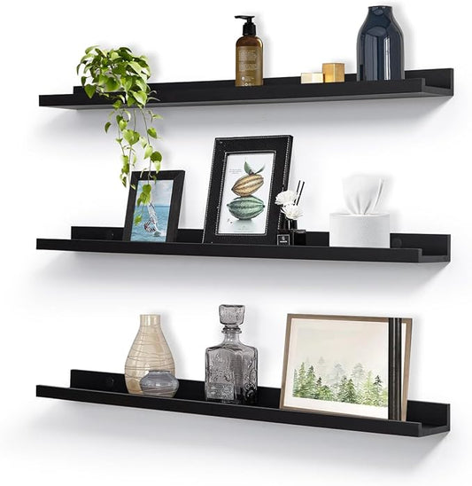 MBYD Dark Black Solid Wood Floating Shelves for Wall, 24 Inch Modern Photo Shelf Wall Mount, Picture Ledge with Lip Set of 3, Book Shelves for Bathroom Bedroom Kitchen Living Room Nursery