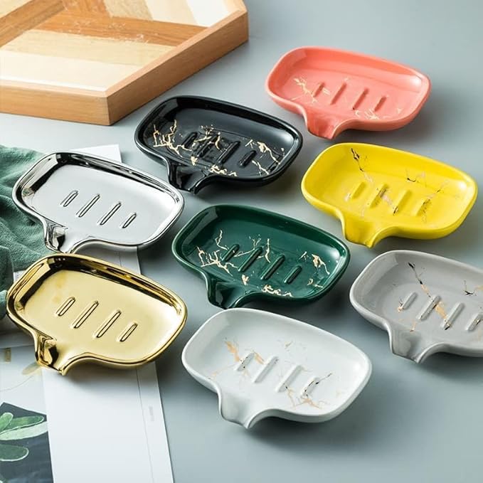 Multi-Color Ceramic Soap Dish for Kitchen or Bathroom, Easy to Clean, Self Draining Soap Holder, Keeps Soap Dry (Gold)