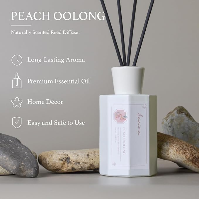 Reed Diffuser Set, Peach Oolong Scented Oil Diffuser, 6.76 fl oz (200 ml) Home Fragrance Diffuser with Reed Sticks, Air Fresheners for Home, Bathroom Shelf Decor