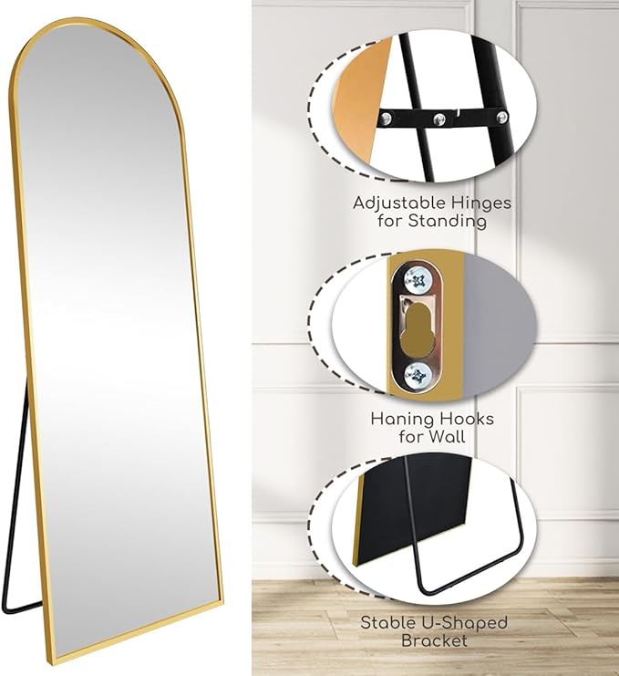 Arched Full Length Mirror, 64 "x 21" Floor Length Mirror with Stand, Wall Mounted Mirror, Standing Mirror with Aluminum Alloy Frame, Freestanding, Wall-Mounted or Leaning(Gold)