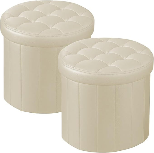 Bsketa® Ottoman with Storage， Foot Rest Stool with Thicker Foam Padded Seat Leather Small Round 14“ x 14” x 13 "Inchs Storage Ottoman Bench for Living Room Foldable Pouf Coffee Table 2 Pack，Beige