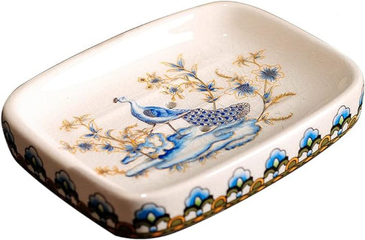 Ceramic Soap Dish Creative Ice Crack Ceramic Peacock and Flower Pattern Soap Dish Holder for Bathroom and Shower Soap Tray Box with Drain Gift for Mum Family