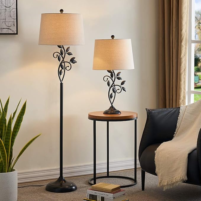 Maxax Vintage Floor Lamp, 62in Traditional Farmhouse Tall Standing Lamp with Oatmeal Fabric Shade,3-Way Dimmable Metal Leaf Floor Lamp for Living Room and Bedroom, Black