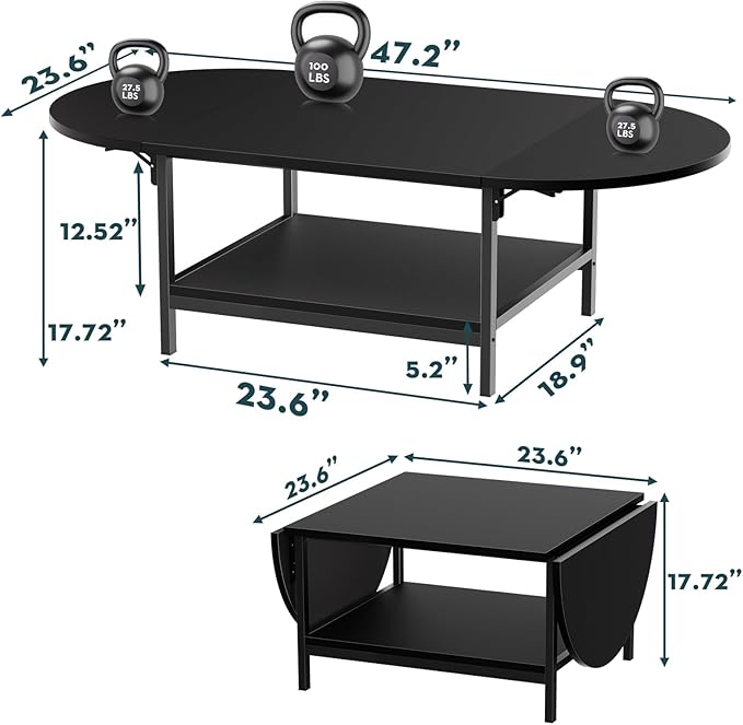 SAYGOER Black Coffee Table Modern Extended Coffee Tables with Storage for Living Room 2-Tier Unique Center Table with Two Foldable Panel for Any Large or Small Space, All Black