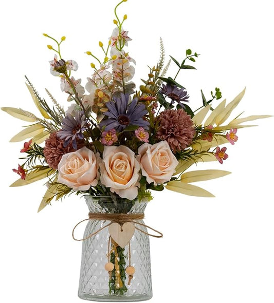 Silk Flowers with Vase, Artificial Rose Flowers Arrangement with Glass Vase Faux Rose for Decoration Table Centerpiece (Rose Champagne)