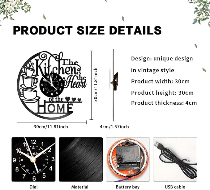 KingLive Kitchen Wall Clock with 7 Colors LED Light, Vintage Style Coffee Theme, Kitchen Coffee Bar Vinyl Record Decor