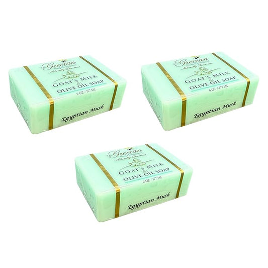 Grecian Goats Milk & Olive Oil Soap Bar 3-pack Egyptian Musk Scent: Handmade, All-Natural, Soap for Dry & Sensitive Skin, Anti-Aging, pH-Balanced, RSPO Sustainable - 6oz Bar