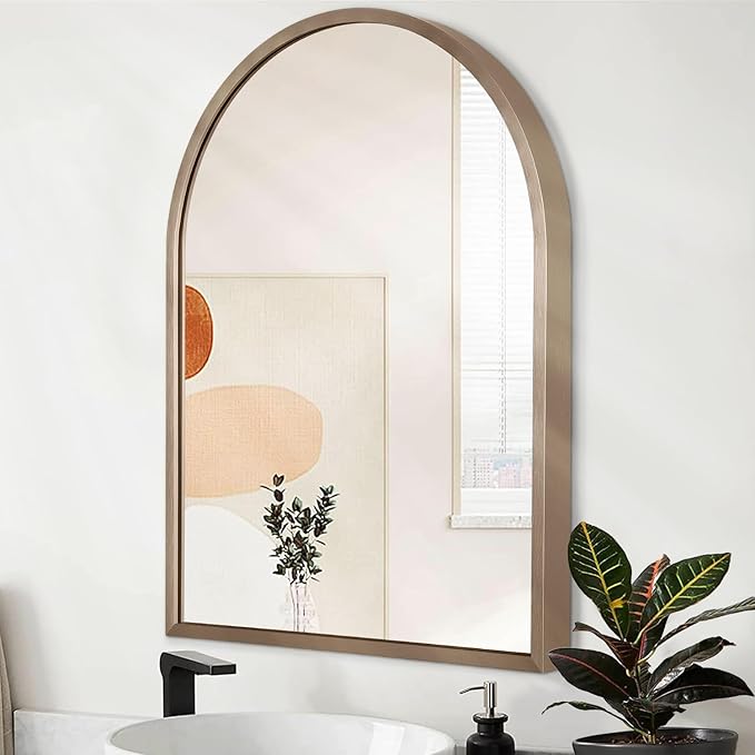 Large Arch Wall Mirror Bathroom Mirror Brass 26"x18" Metal Framed Mirror, Arched Wall Mounted Vanity Mirror for Bedroom, Living Room, Entryway