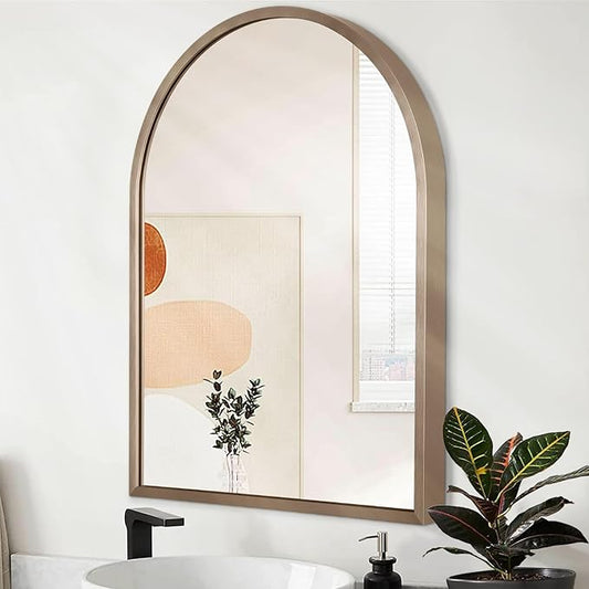 Large Arched Wall Mirror Aluminum Alloy Frame Bathroom Mirror Brushed Metal Vanity Wall Mounted Mirror for LivingRoom Bedroom Entryway Brass 28"x20"