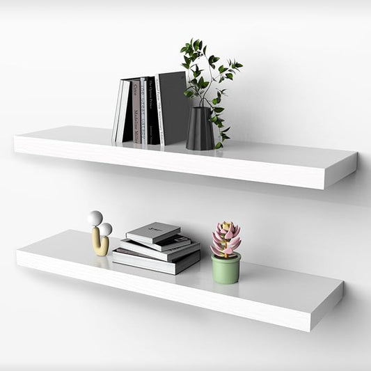 Habudda Floating Shelves for Wall, Natural Wood Shelf, 30 inch Long, White Wooden Rustic Decor for Bathroom Kitchen Bedroom, Hanging Mounted Invisible Bracket, Set of 2