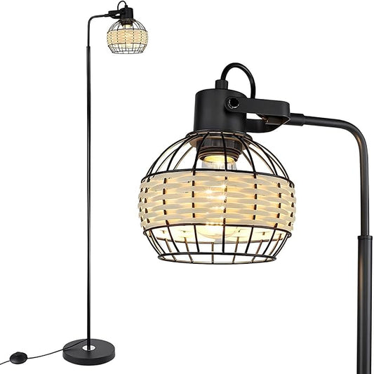 DLLT LED Floor Lamp, Adjustable Head Standing Lamp with Heavy Metal Based, Farmhouse Tall Rattan Floor Lamps Reading Lighting for Living Room, Bedroom, Study Room, Office, 8W 3000K E26 Bulb Included