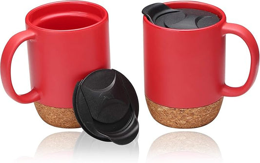 Coffee Mug Set of 2, 15 OZ Large Coffee Mugs with Handle for Tea, Ceramic Mug with Cork Bottom and Lid, Coffee Cups for Women and Men (Red)