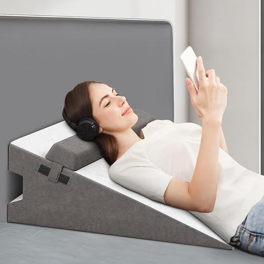 CloudBliss 12 inches Bed Wedge Pillow with Memory Foam for Sleeping After Gerd Acid Reflux, Surgery, Relief Back Pain, Adjustable and Breathable Pillow with Washable Cover for Surgery Recovery, Gray