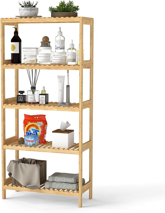 kinbor 5-Tier Bamboo Shelf Freestanding - Space-Saving Bathroom Standing Shelf & Plant Stand, 5 Shelf Bookcase for Kitchen, Living Room, Office (Natural Bamboo, Easy Assembly)