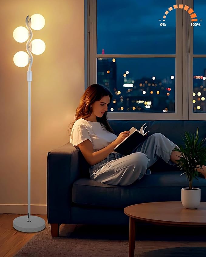 60IN Dimmable (Brightness Adjustable) White Pole Floor Lamp, Modern Standing Lamps with 4 Globe Soft Warm White 3000K Bulbs, Mid Century Floor Lamp for Living Room Bedroom Home Decor