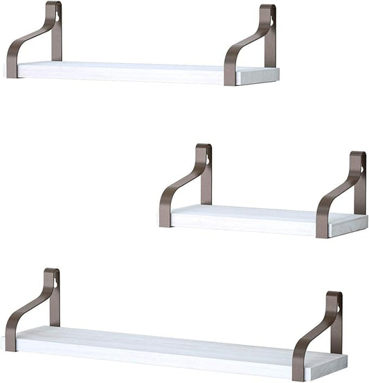 Love-KANKEI Floating Shelves for Wall Set of 3, Rustic Wood Wall Shelves for Bedroom, Living Room, Bathroom, Kitchen, Office Storage White Brown