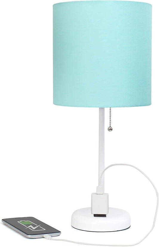 Simple Designs LT1144-AOW Sleek and Slender White Table Lamp with Charging Outlet, for Bedroom, Living Room, Entryway, Office, Dining Room, Study, Aqua Shade