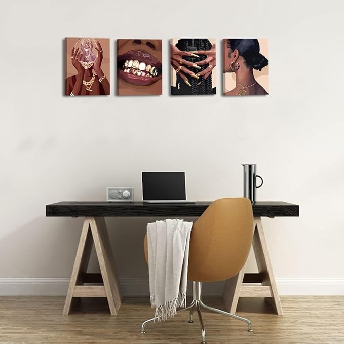 Black Woman Framed Canvas Art Decor,Black Girl Art Poster,Black Female Art Printing,Feminine Boho Art Abstract African American Woman Wall Art Decor for Home Bedroom - Set of 4 (8"X10",Built-in frame