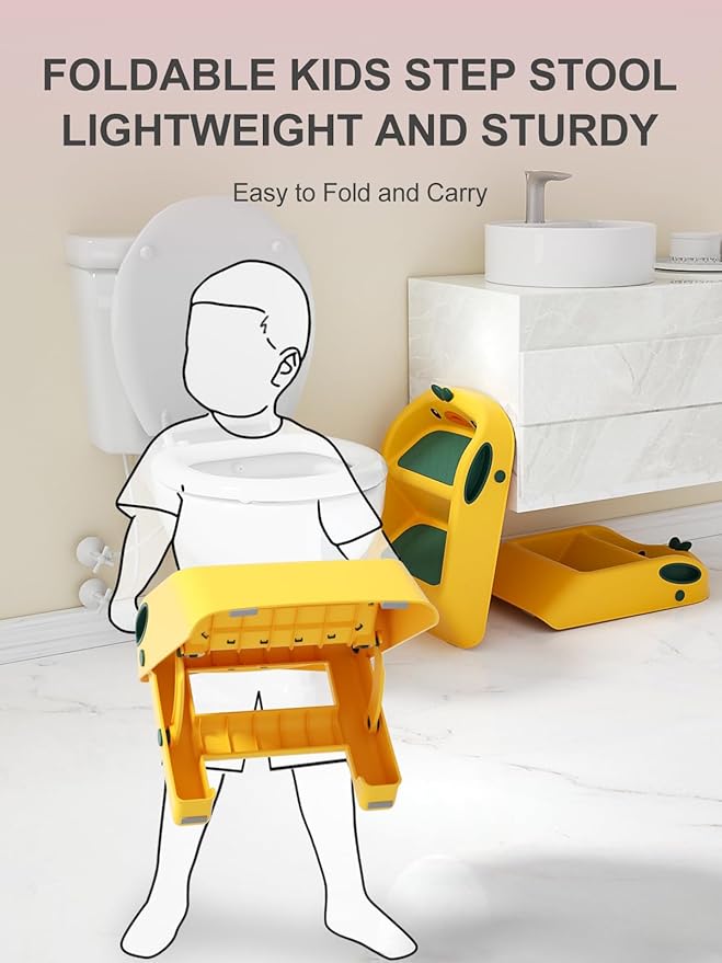 Toddler Step Stool Folding, Yellow, 2 Step Stool for Kids Bathroom Sink Potty Toilet, Gift to Give Stepping Stool for Todders 1-3, 11" 2 Steps & 4" Child Back Support, Easy to Use & Carry & Wash