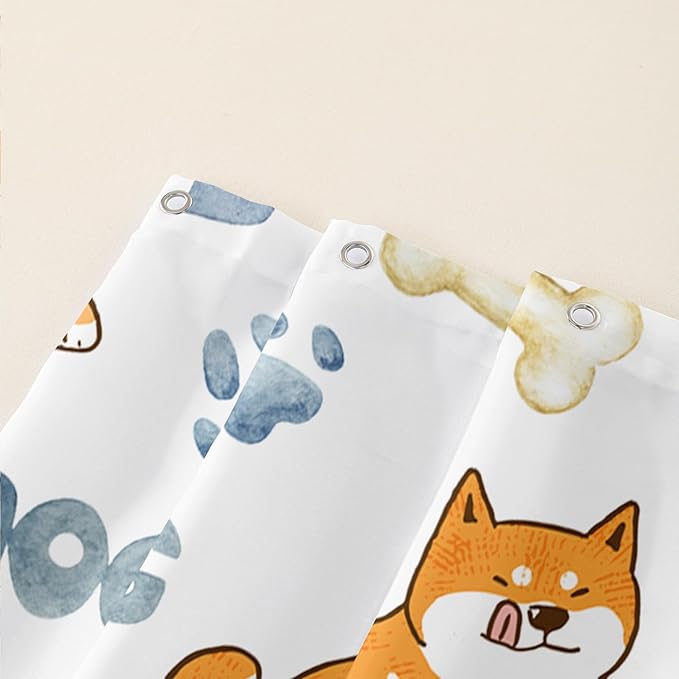 AILONEN Cute Dog Shower Curtain, Cartoon Shiba Inu Dog Bath Curtain,Pet Dog Paw Print Dog Lover Minimalist White Waterproof Curtain with 12 Plastic Hooks(48" W*72" H)