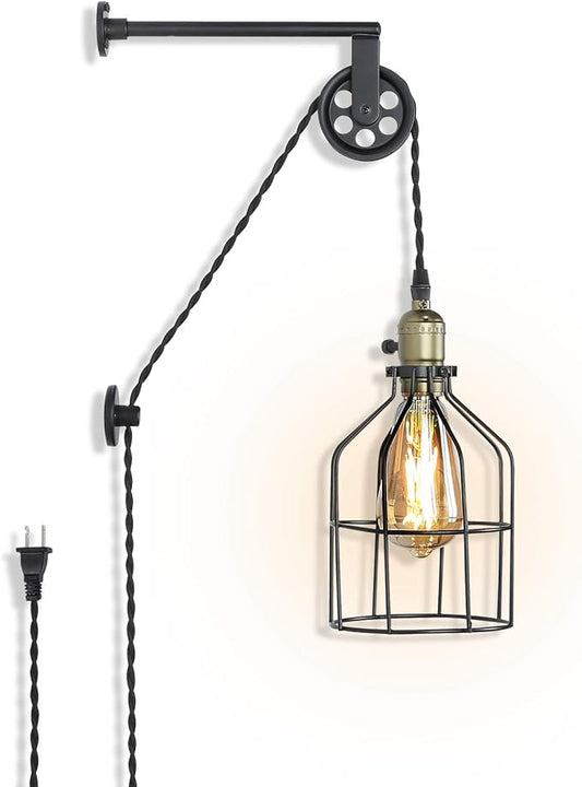 Industrial Wall Sconce Lights Lift Pulley Design Vintage Farmhouse Wall Lamps for Living Room Decor, Retro Mounted Fixture with Wheel Pendant Lamp for Bedroom(No Bulb)