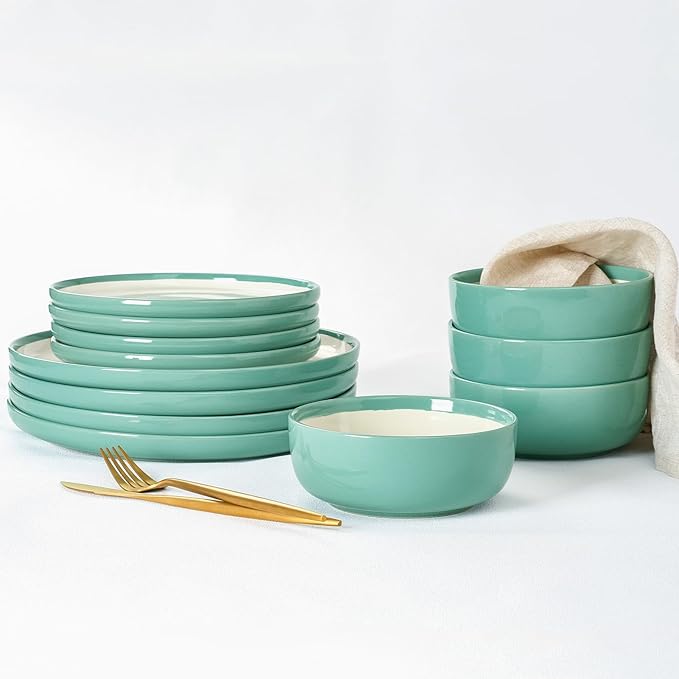 Famiware Lake MacDonnell Plates and Bowls Set for 4, 12 Pieces Dinnerware Sets, Handcrafted, Stoneware Dishes Set, Green and Beige