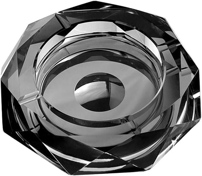 Amlong Crystal Octagon Black Large Crystal Ashtray 6 Inch X 6 Inch (150mm X 150mm) for Cigarettes or Cigars with Gift Box