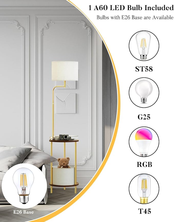 Lightdot Floor Lamp with Shelves, Mid Century Gold Standing Lamps with Bulb and Storage Bag Included, Farmhouse End Table with Lamp Attached for Living Room
