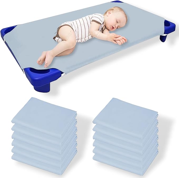 Pack of 12 Cot Sheet for Daycare Preschool Cot Bed -Polyblend Fabric with Corner Elastic Cots Sheets Fits On 22" X 52" Inches Size Toddler and Preschool Daycare Cot Light Blue 22 X 52 Size