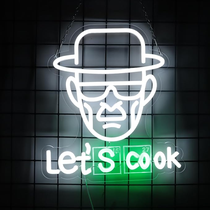 Breaking Bad Neon Sign Heisenberg for Wall Decor,Funny Let's Cook Neon Ligthts with Dimmable LED Signs for Man Cave Bedroom Bar Party Neon Gifts for Crime TV Show Fans Gifts
