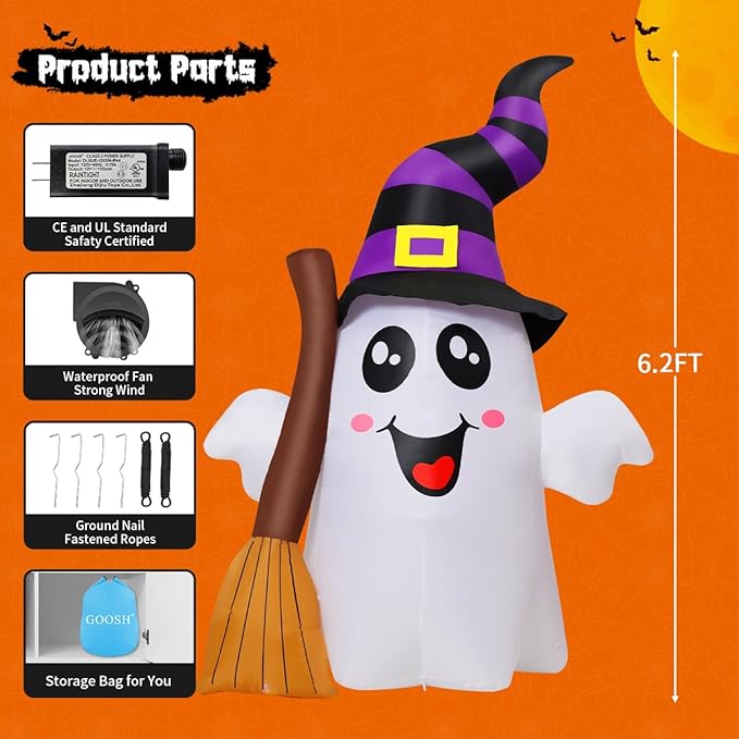 GOOSH 6.2 FT Halloween Inflatables Ghost Outdoor Decorations Blow Up Yard Cute Ghost Holding Broom with Built-in LEDs for Garden Lawn Indoor Party Decor