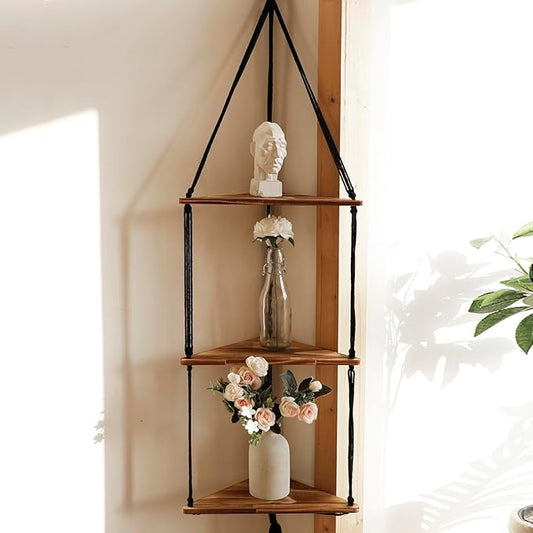 Artilady Macrame Corner Shelf Wall Hanging - 3 Tier Black Floating Shelves Plant Corner Wall Decor, Boho Rustic Wooden Plant Storage Rack for Bedroom Living Room Bathroom