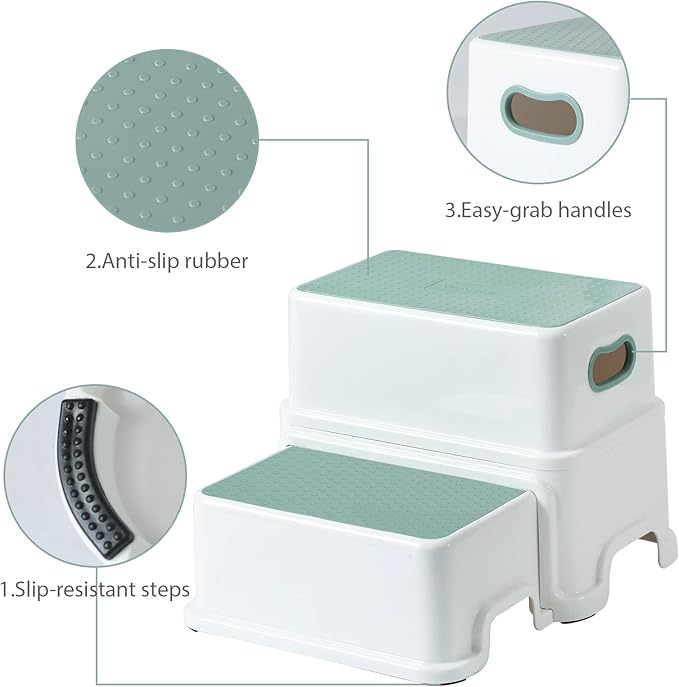 Victostar 2 Step Stool for Kids, Anti-Slip Sturdy Toddler Two Step Stool for Toilet Potty Training, Bathroom,Kitchen (Green-White)