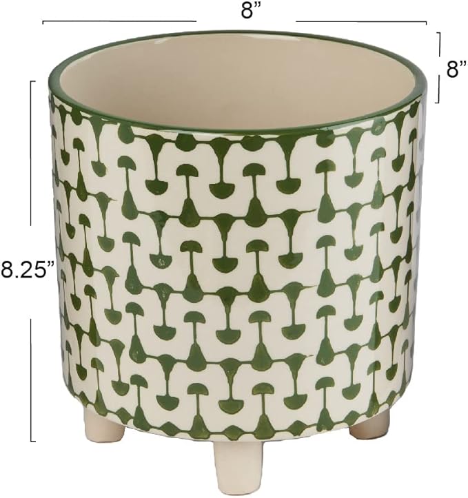 Creative Co-Op Footed Stoneware Planter with Abstract Print, Green and White