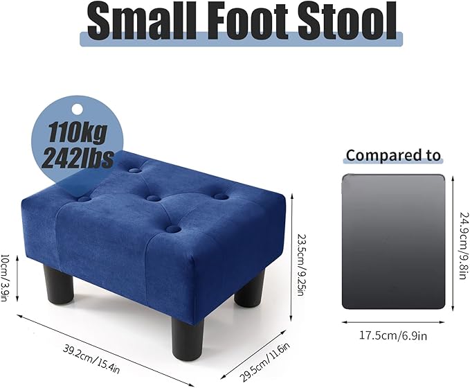 BRIAN & DANY Small Foot Stool, Velvet Foot Stools with Legs, Stable Small Footstool for Living Room, Blue