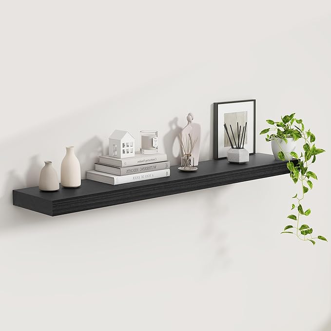 Fun Memories 48" Black Floating Shelves, 9.3 Inch Deep Floating Shelves for Wall, Rustic Wooden Wall Shelves for Home Decor, Large Fireplace Mantel for Storage, Deep Floating Shelf Set of 1