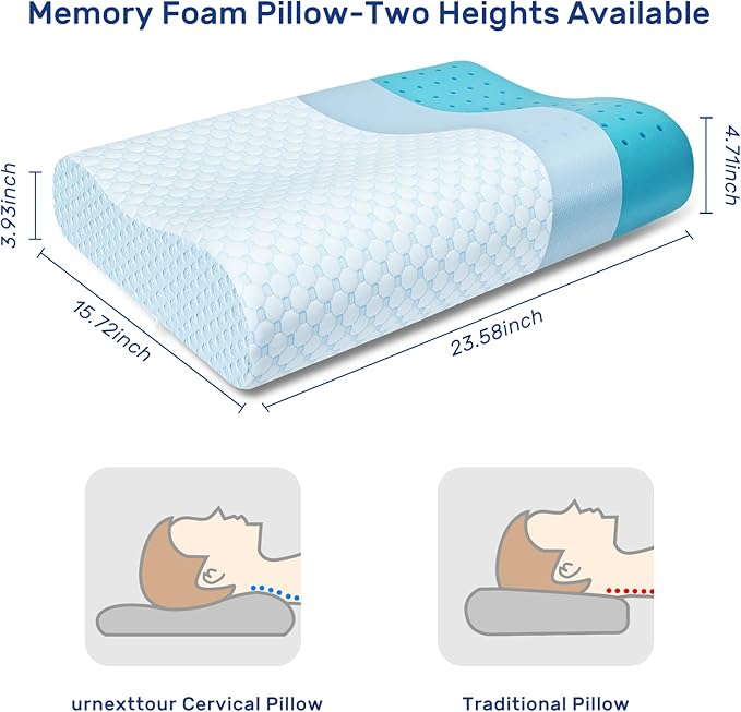 Cooling Pillow for Hot Sleepers Memory Foam Pillow Neck Contour Cervical Orthopedic Pillow for Sleeping Side Back Stomach Sleeper, Ergonomic Bed Pillow for Neck Pain-Blue White